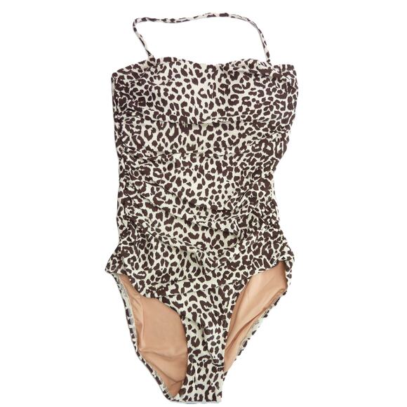 NWT J.Crew Ruched Bandeau One-Piece Swimsuit Leopard Animal Print 4 Strapless - Picture 1 of 6
